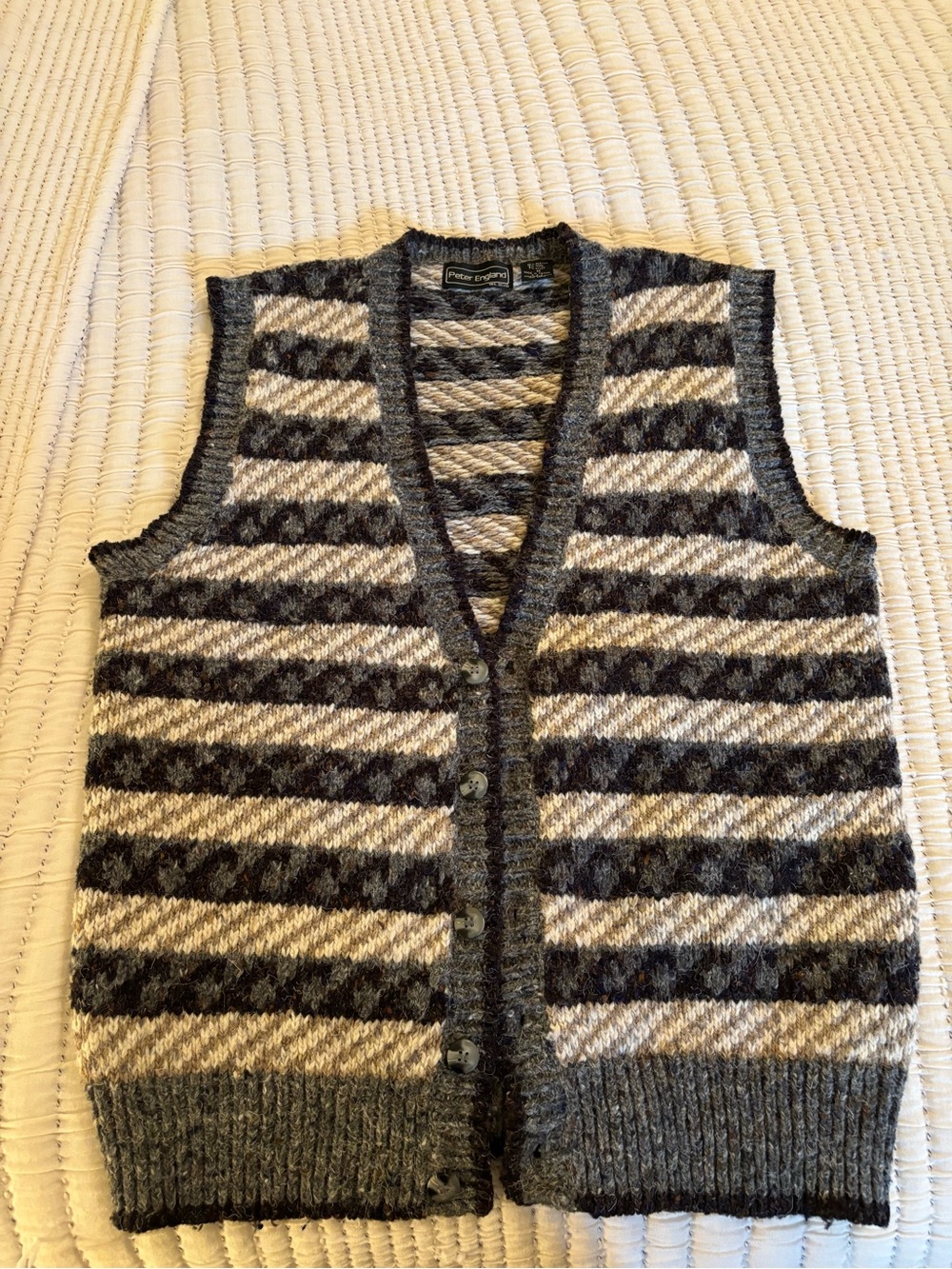 Peter England Striped Knit Button Vest in Gray and Cream